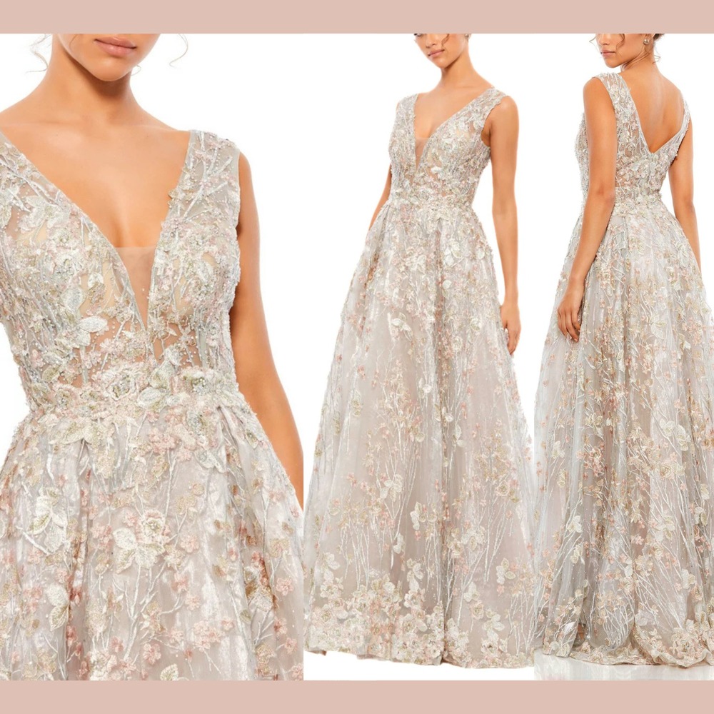 NWT Mac Duggal [ 8 ] 20131 Floral Embroidered Illusion V Neck Gown Silver #S1913